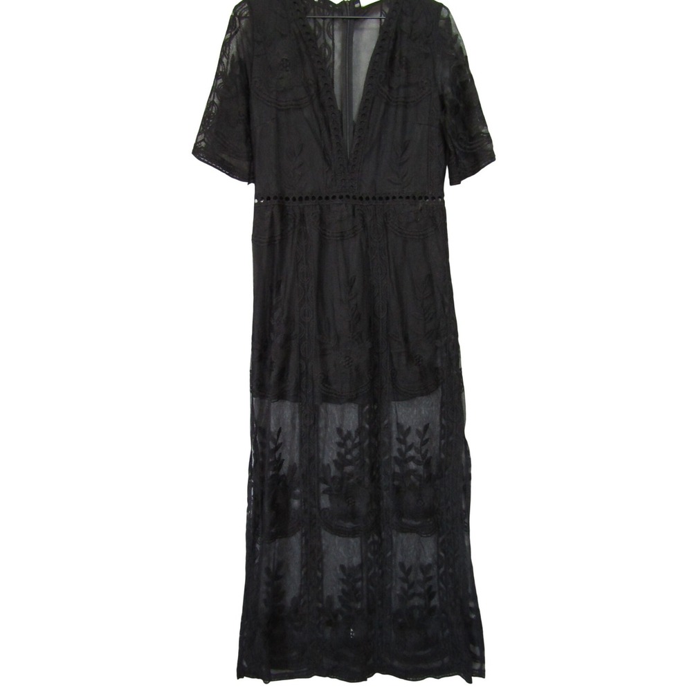 Black Lace Maxi Dress Medium Floral Embroidery Boho Steampunk Whimsygoth Witchy